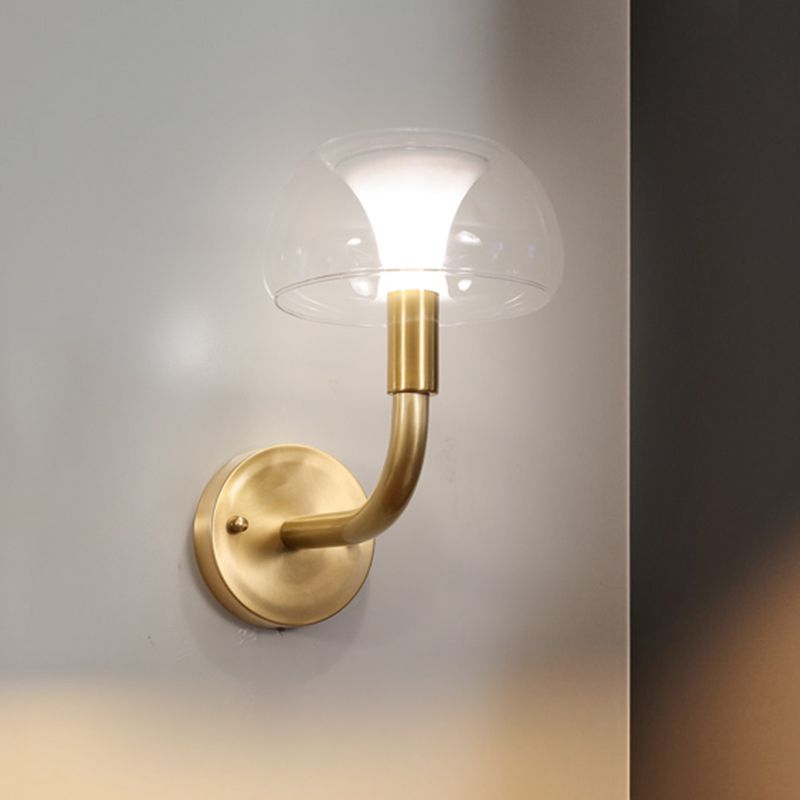 1/2 Bulbs Bowl Sconce Light Traditional Brass Metal Wall Mount Lamp with Clear Glass Shade for Bedroom