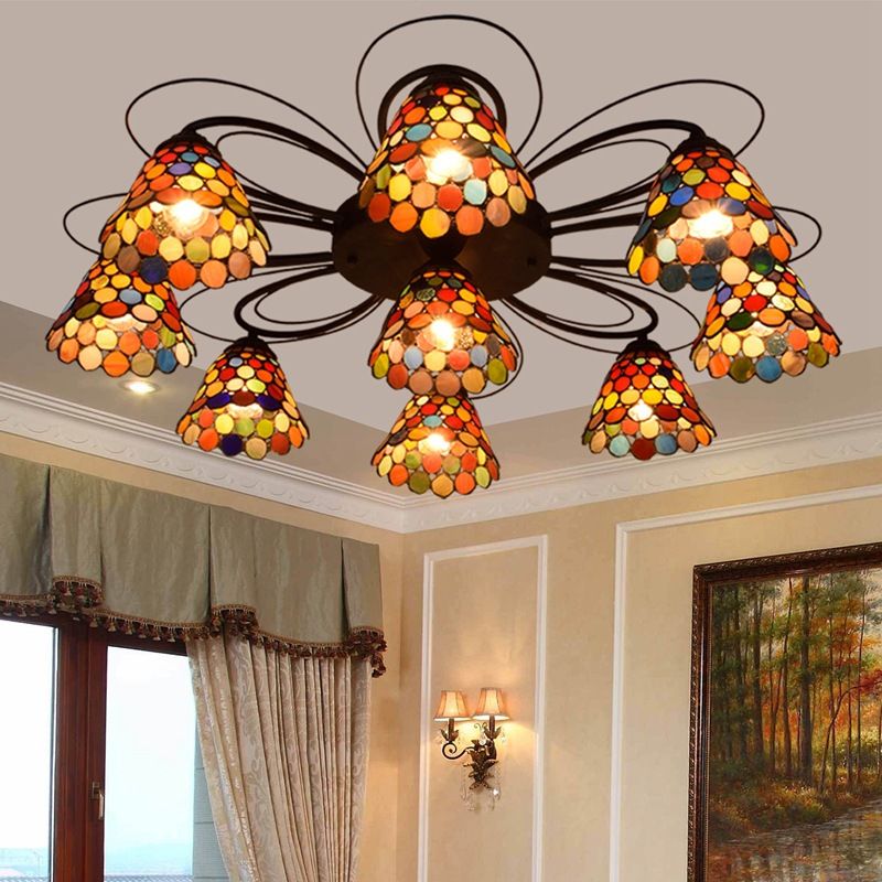 Bell Semi Flush Mount Tiffany Multiclored Stained Glass 3/7/9 Heads Plafond Light Fixture