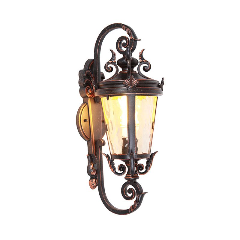 1-Head Wall Mounted Light Cottage Patio Sconce Lamp with Lantern Amber Dimple Glass Shade in Black