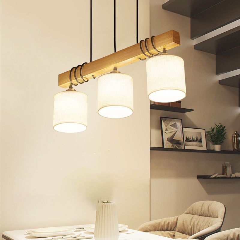 Cylindrical Dining Room LED Hanging Light Fabric Nordic Style Island Ceiling Light in Wood