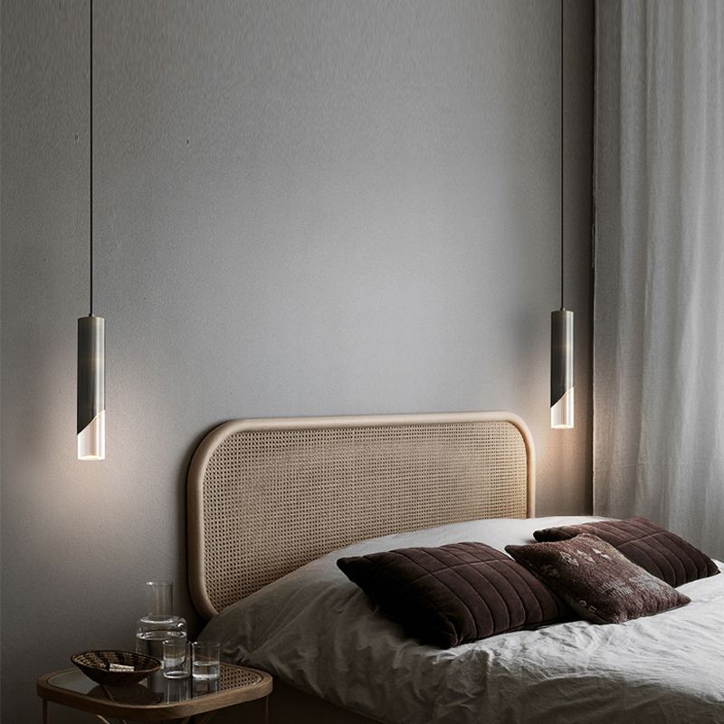 Cilindrische koperen LED -verlichting Hanger Acryl schaduw Minimalisme Slaapkamer Suspensielamp met 78,7 "Hangdraad