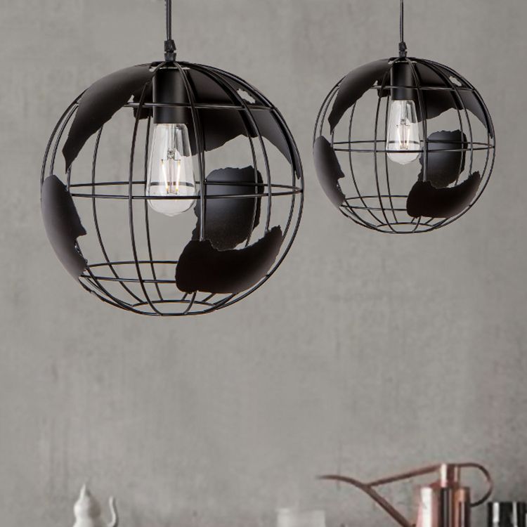 8"/12" Wide Globe Cage Metal Pendant Light Industrial 1 Light Living Room Hanging Lamp in Black/White/Pink