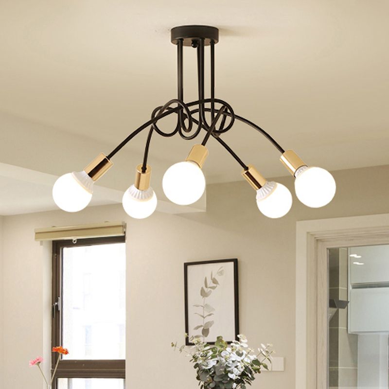 Iluminación de montaje semiempotrado trenzado negro/dorado con bombilla abierta, lámpara de techo de cocina de metal industrial de 3/5/6 luces