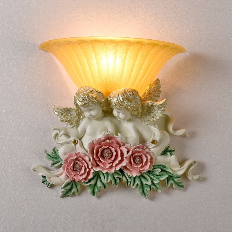 LAMPE DE MUR VERNE GRATINE ÉLEVÉE STYLE RÉTRO RETRO 1-LIGHT Yellow Flush Wall Light Sronce avec Rose / Beige Rose Detail