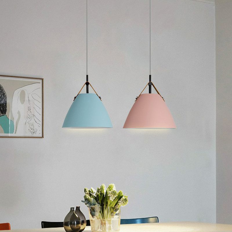 Macaron Conical Pendant lampe métallique 1 plafond de salle de tête avec diffuseur acrylique et bracelet en cuir