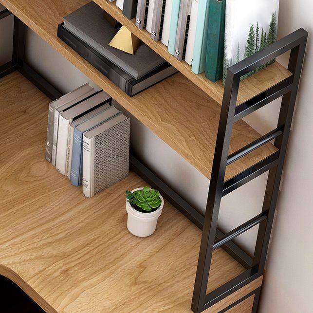 Corner Pine Wood Writing Desk Contemporary H-Shape Base Desk with Shelf