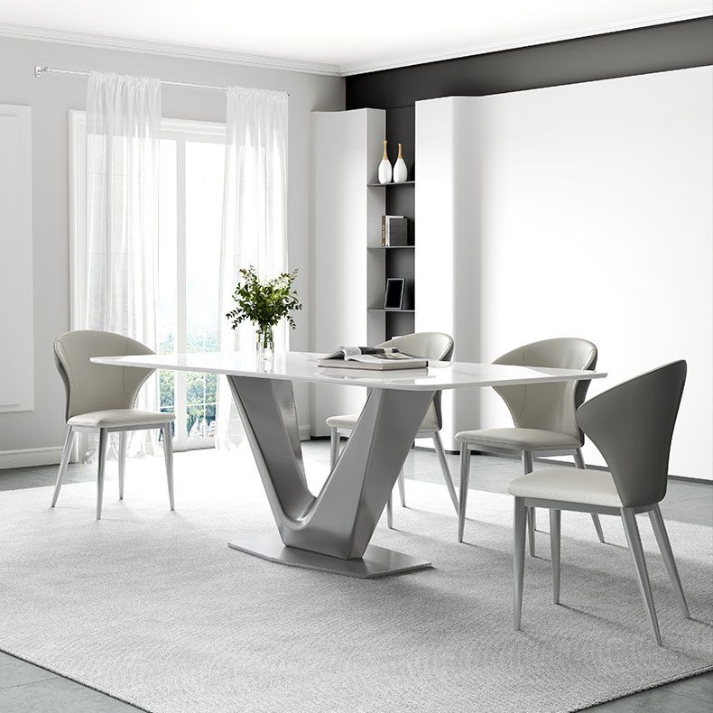 Grey Metal Pedestal Base Table Rectangle Sintered Stone Top Dining Table