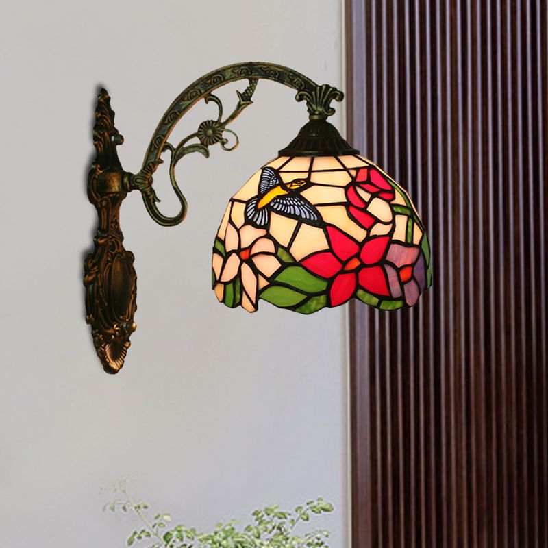 Hand-Crafted Glass Bronze Wall Lighting Magpie and Flowers 1 Head Tiffany Sconce Light Fixture