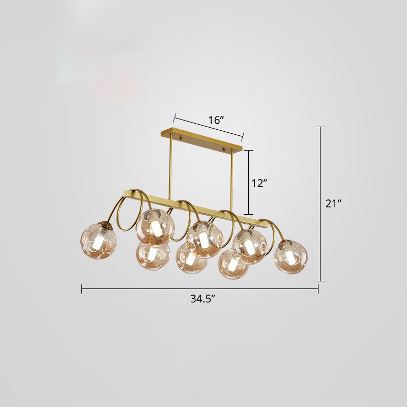 Gold Finish Spiral Island Light Post-Modern Metal Ceiling Hang Lamp with Ball Dimpled Glass Shade