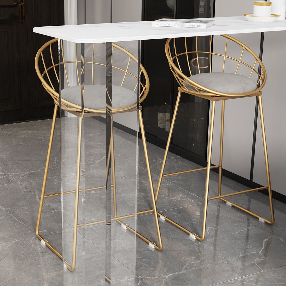 Modern White Stone Top Bistro Table with Acrylic Base for Small Places