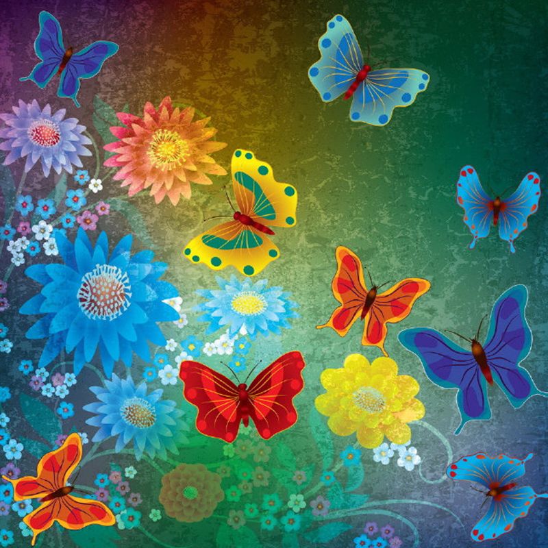 Colorful Butterfly and Florets Mural Moisture Resistant Childrens Art Bedroom Wall Covering