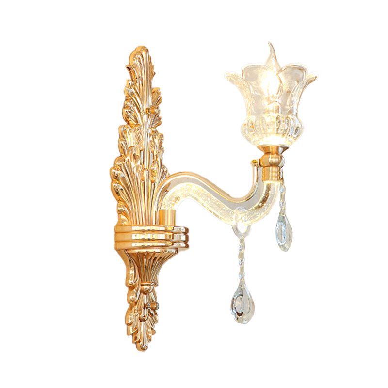 Clear Glass Gold Sconce Light Flower 1/2-Bulb Traditional Wall Mounted Lamp with Bubble Crystal Luminous Arm