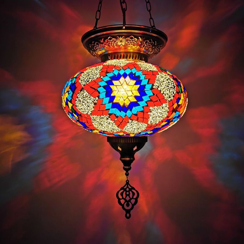 Red/Blue 1 Head Ceiling Pendant Light Traditional Stained Glass Oval Hanging Light Fixture