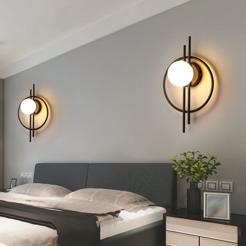 Nordic Style Iron Wall Light Circle Shape LED Wall Lamp with Glass Shade for Bedroom