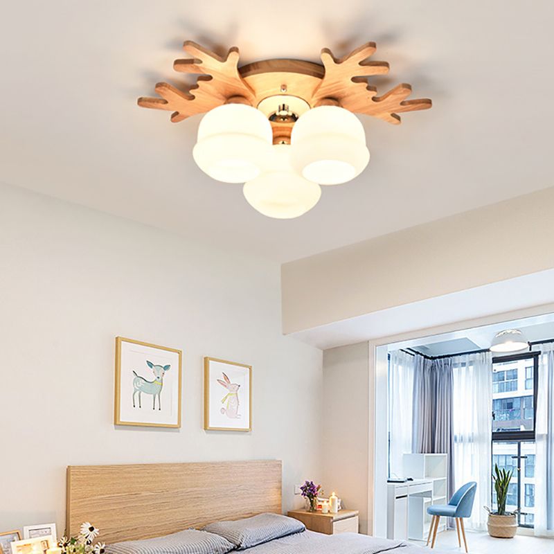 White Bud Shade Ceiling Mount Light with Beige Antlers Lovely Wooden Ceiling Lamp for Kid Bedroom