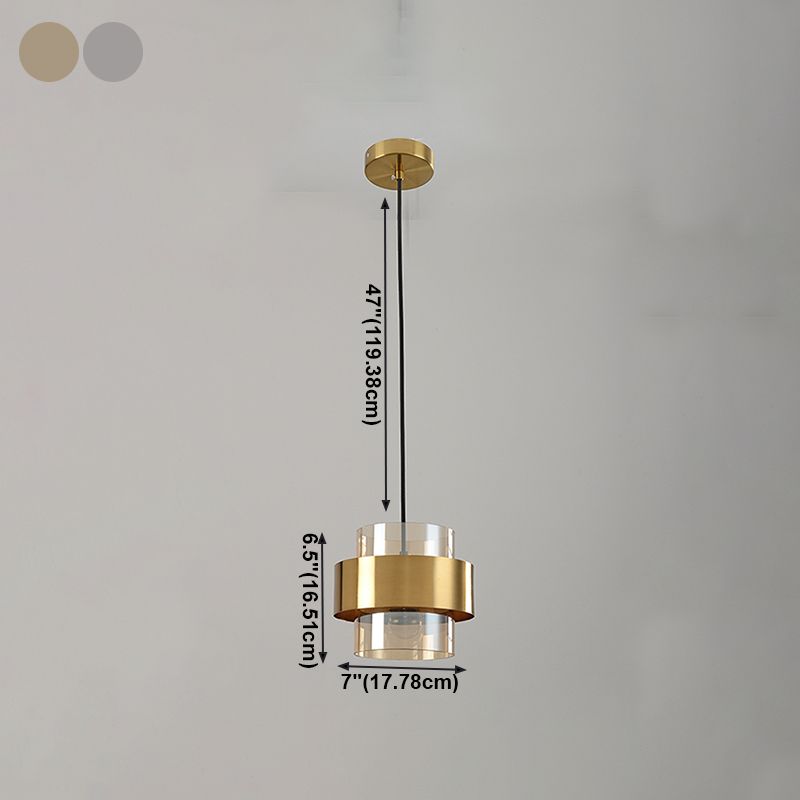 Modern Artistic Cylindrical Pendant Light Electroplate Metal Hanging Lamp with Glass Shade