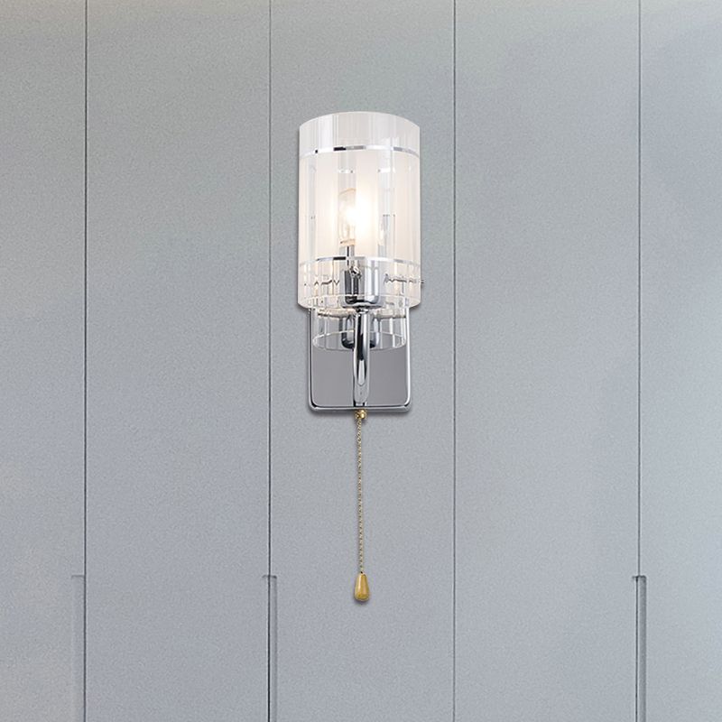 Clear Glass Chrome Sconce Light Cylinder 1/2 Light Modern Wall Lamp Fixture for Living Room with Pull Chain