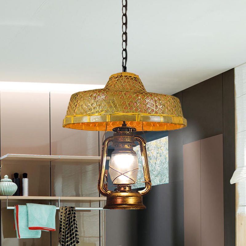 South-East Asienhut geformte hängende Lampe Rattan 15 "/16,5" W 1-Kopf-Innenpendellicht mit Laternschatten in Beige