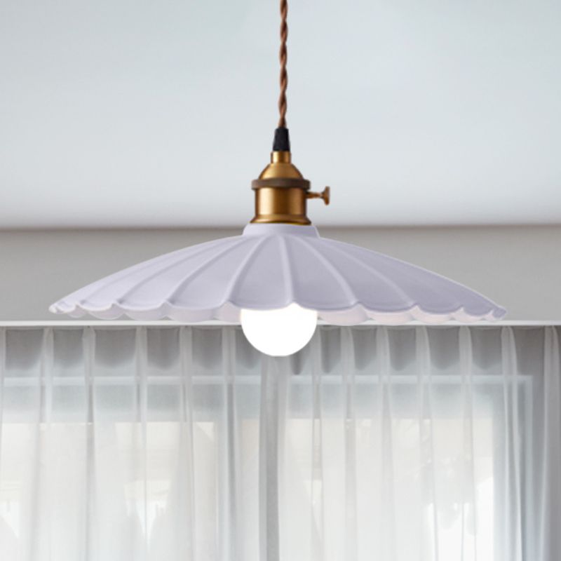 Industrial Retro Scalloped Hanging Light Fixture 10"/12" Dia 1 Bulb Iron Hanging Lamp in White/Red for Dining Room