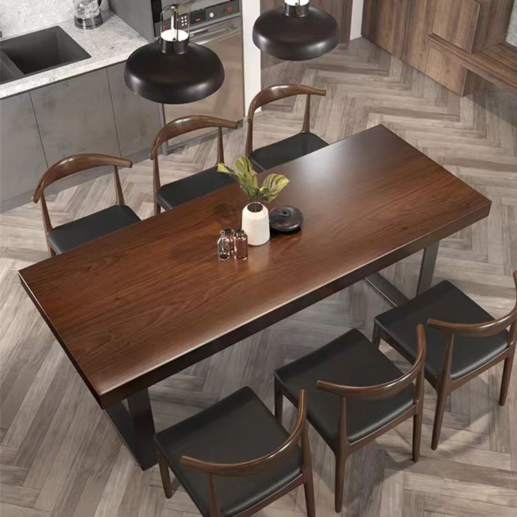 Brown Solid Wood Top Table Rectangle Black Iron Sled Base Dining Table