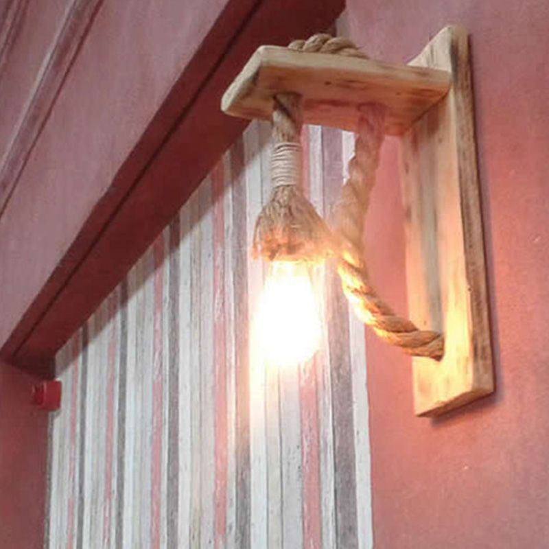 Ein-Bulb-Wandlampe rustikale Offene Lampe Seilleuchte mit Klammer in Holz