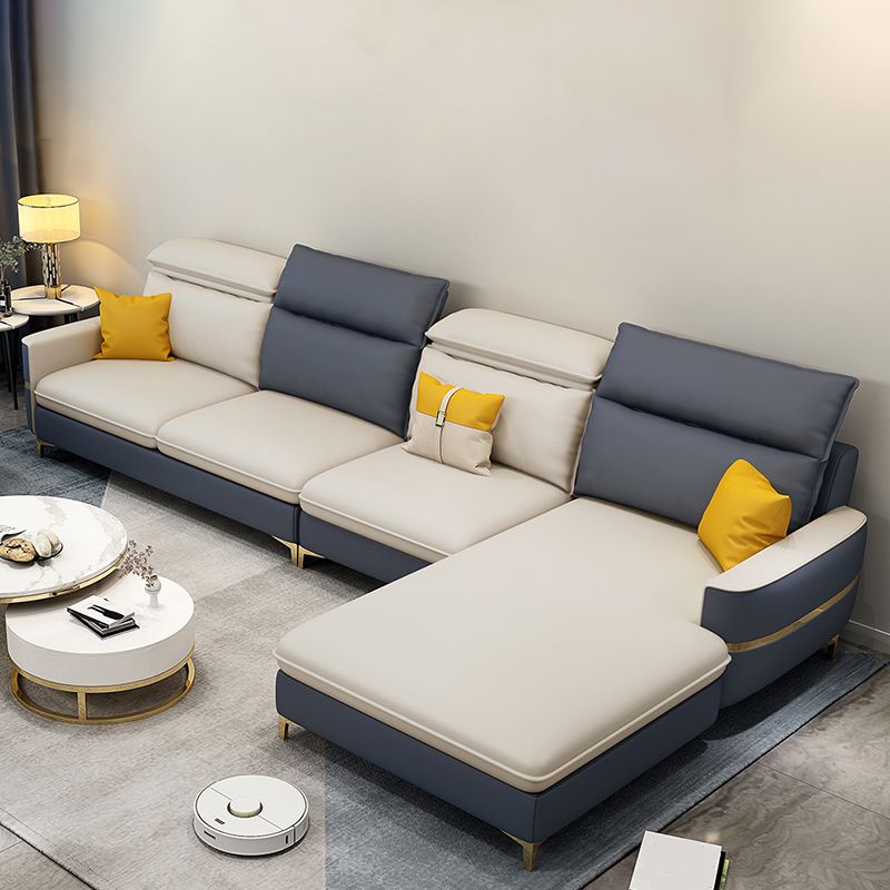 Glam Sectional Sofa Beige Leather Sectional with Bostol Pillows