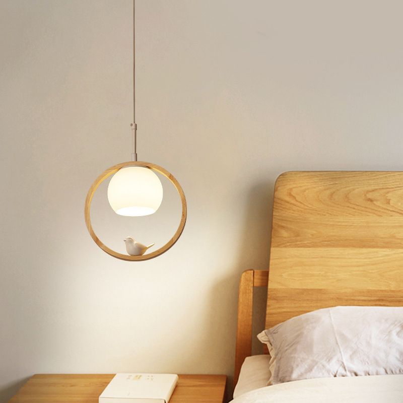 1 Luz de colgante ligero Lámpara de colgante de madera natural redonda contemporánea con pájaro pequeño