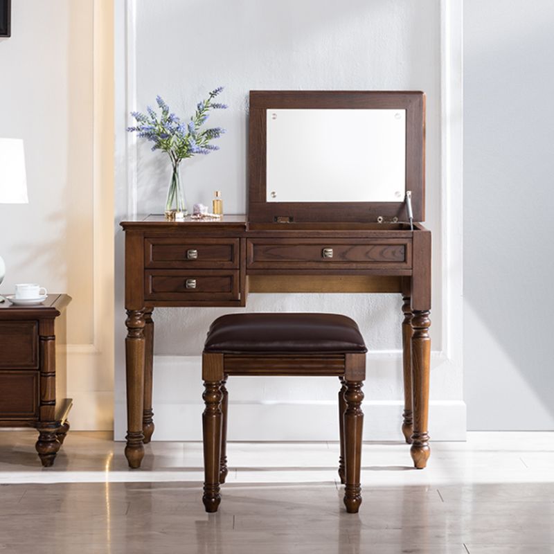 30.7" Height 2-Drawer Brown Solid Wood Dressing Table Mirror Makeup Vanity