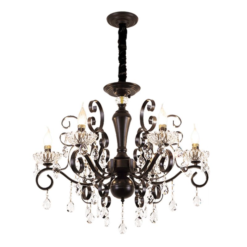 Black American Rustic Style Large Chandelier Vintage Candlestick Design Metal Pendant Light with Crystal Drops