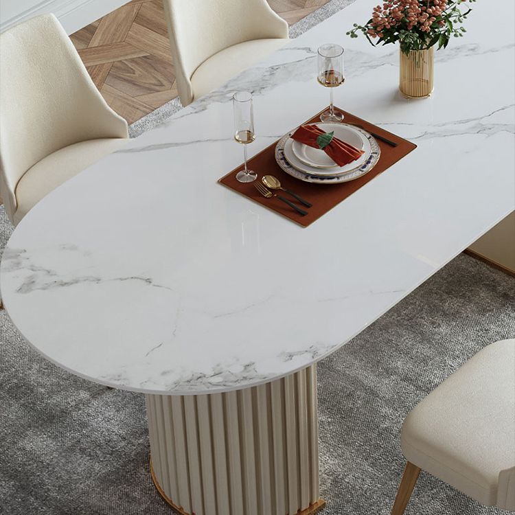 Oval Shape Luxury Dining Table White Tone Fixed Table with Sintered Stone