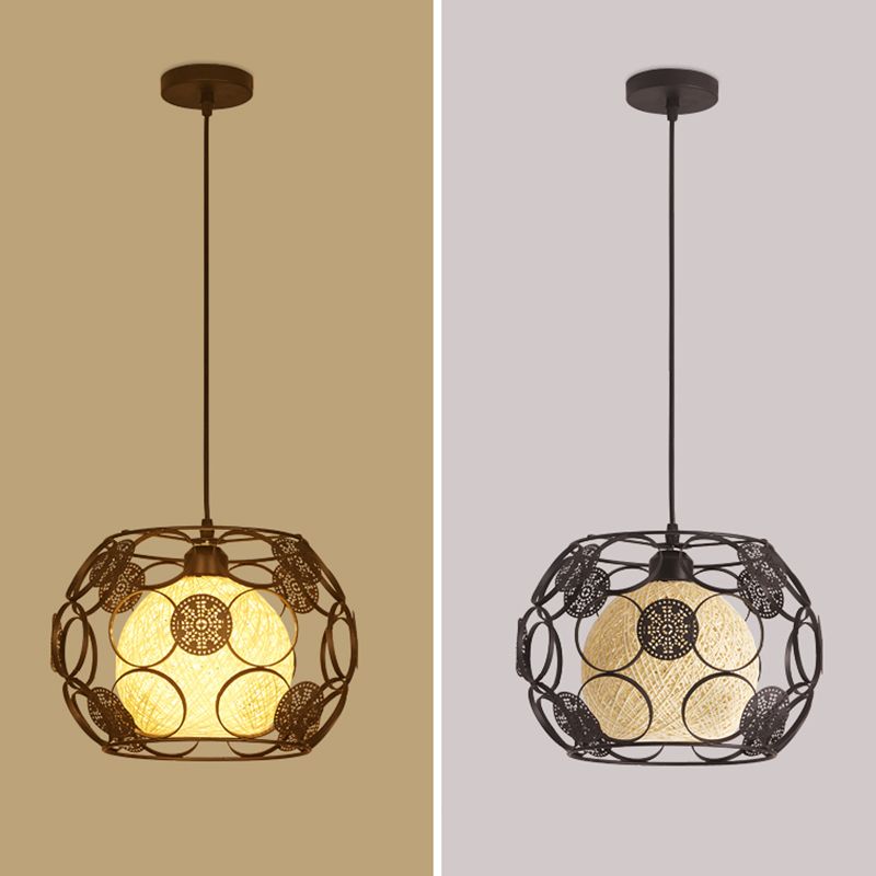 1 Head Cage Suspended Lighting Fixture Retro Metal Black Pendant Lamp for Restaurant