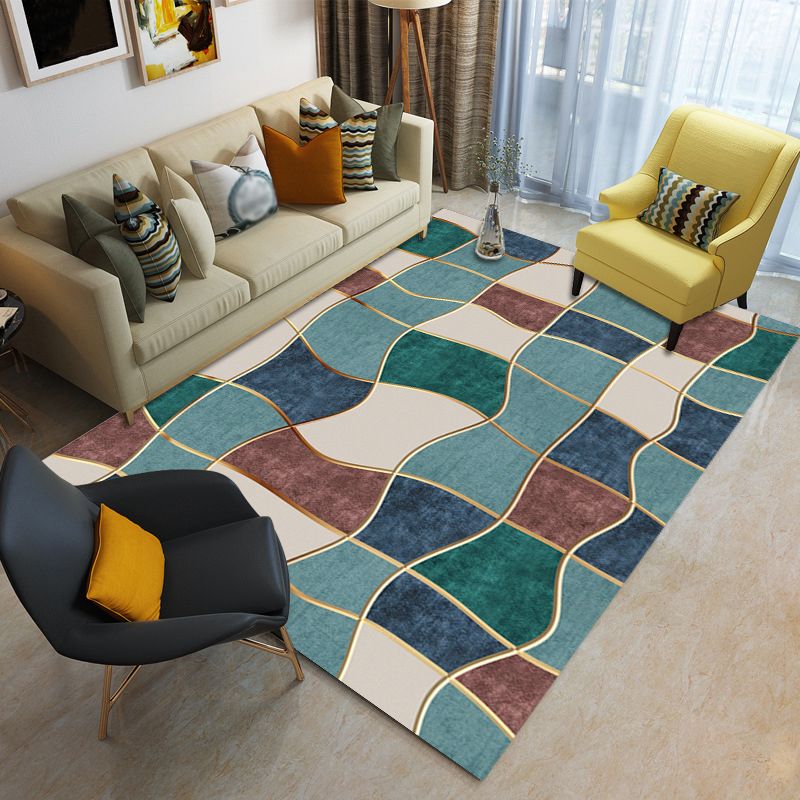 Blue Modern Rug Polyester Check Area Rug Washable Rug for Living Room