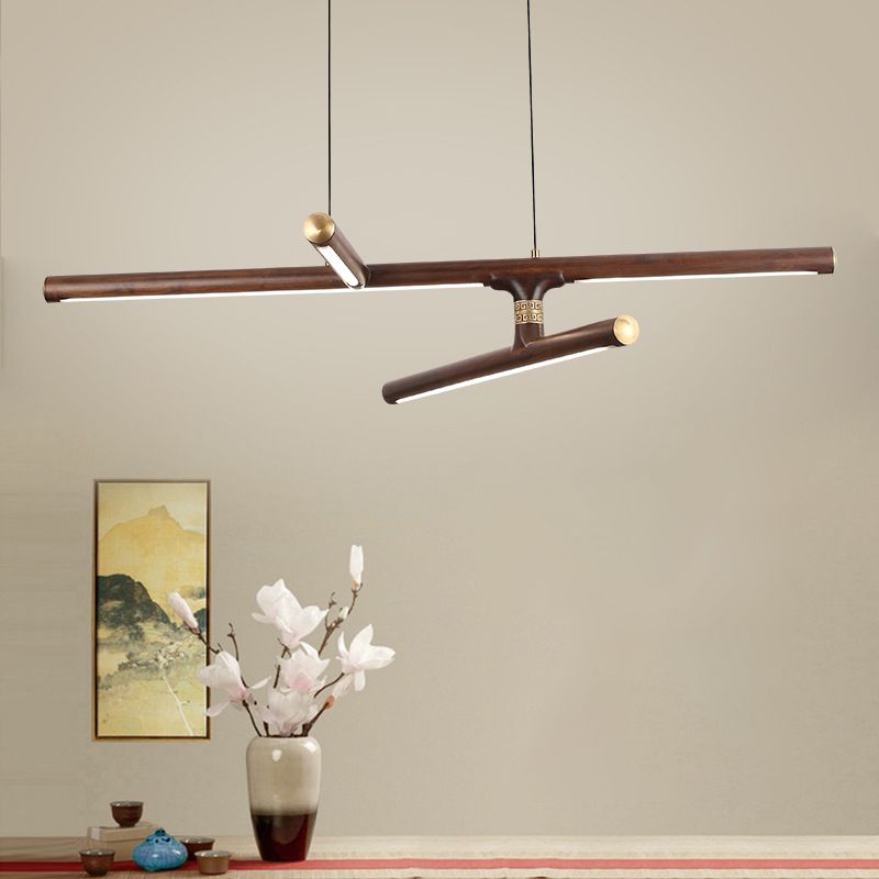 Linear Tea Room Suspension Lamp Wooden Minimalist LED Hanging Island Light Fixture