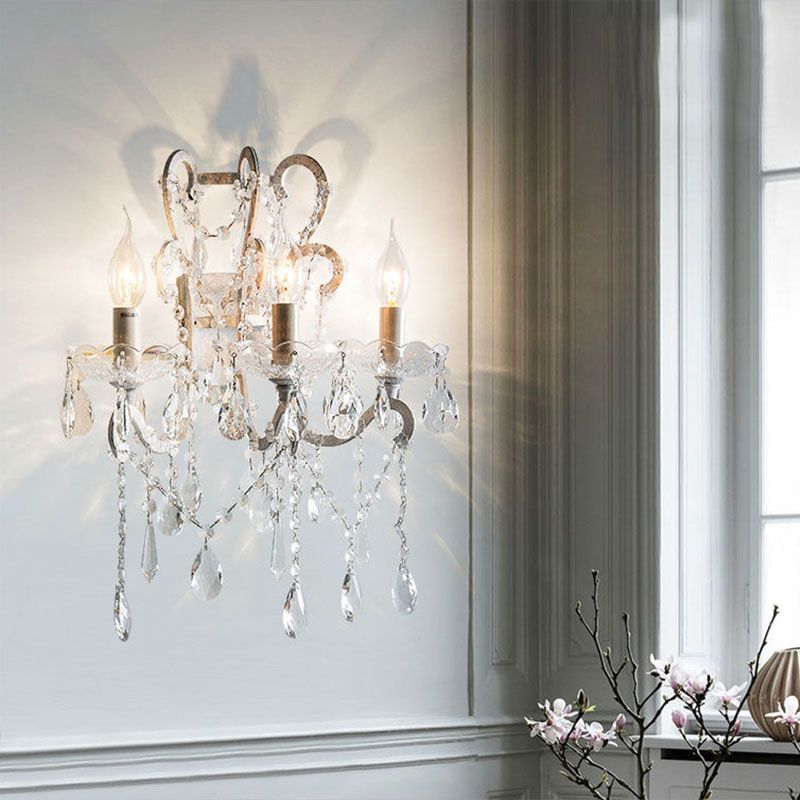 Candlestick Crystal Teardrop Wall Light Sconce Simple 3 Bulbs Dining Room Wall Lighting Idea in White