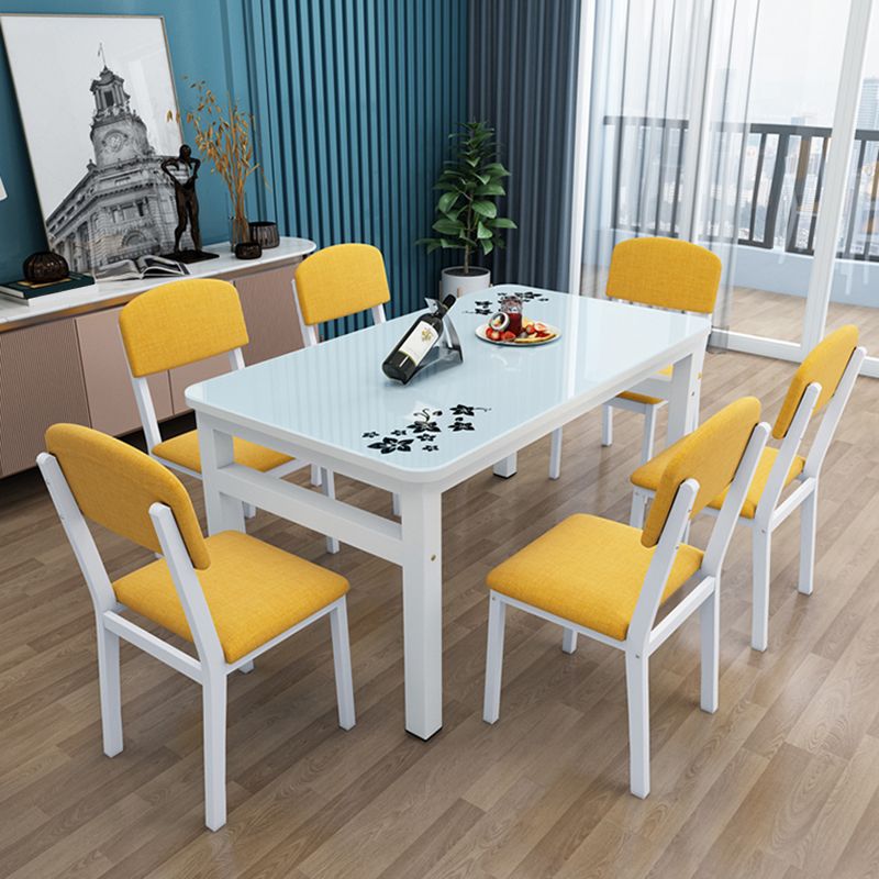 Modern White Rectangular Glass Top Dining Table with Double Pedestal
