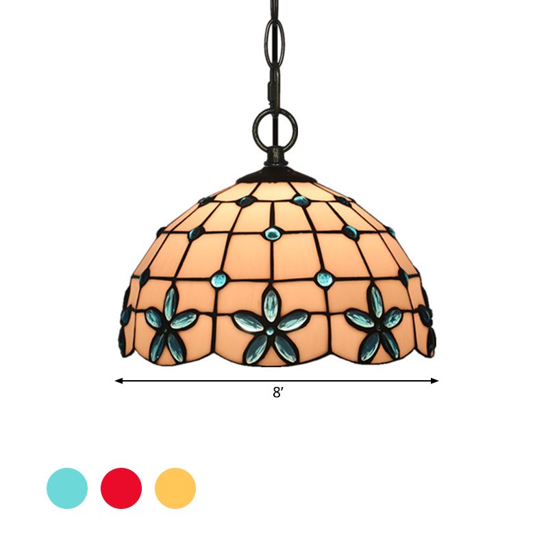 1-Head Hanging Light Kit Tiffany Lattice Bowl White Glass Jeweled Flower Pendant Lighting for Dining Room