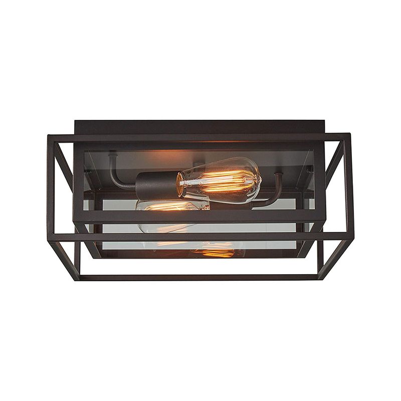 2 Lights Indoor Flush Ceiling Light Vintage Style Black Flush Mount Lamp with Squared Frame Clear Glass Shade