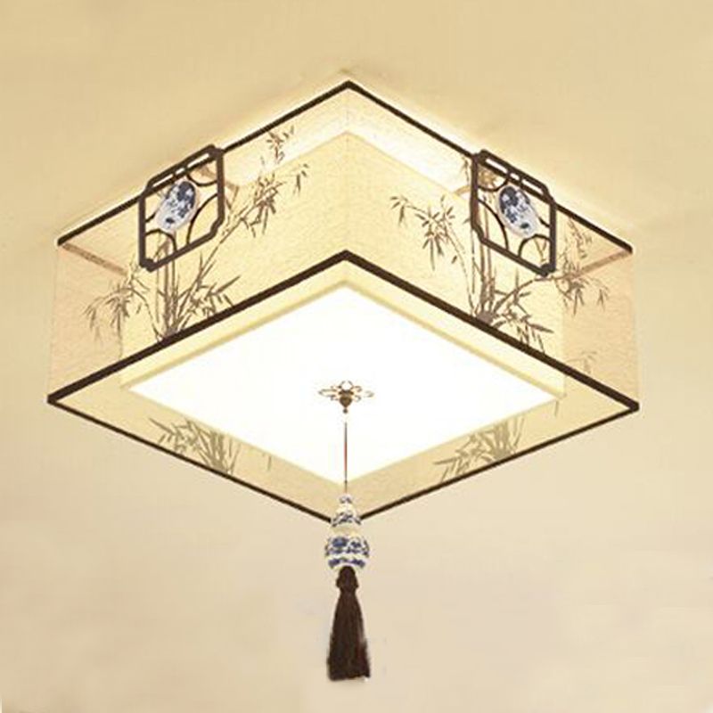 Geometry Shape Ceiling Lamp Tradition Iron Flush Mount with Fabric Lampshade for Bedroom