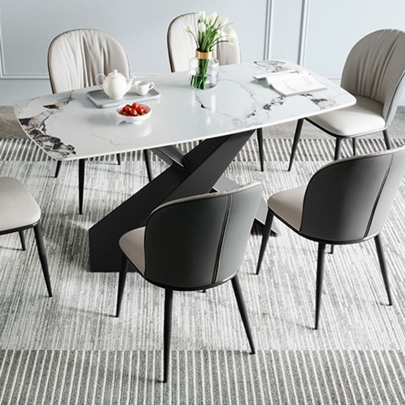 Contemporary White Rectangular Stone Dining Table with Steel X-Base