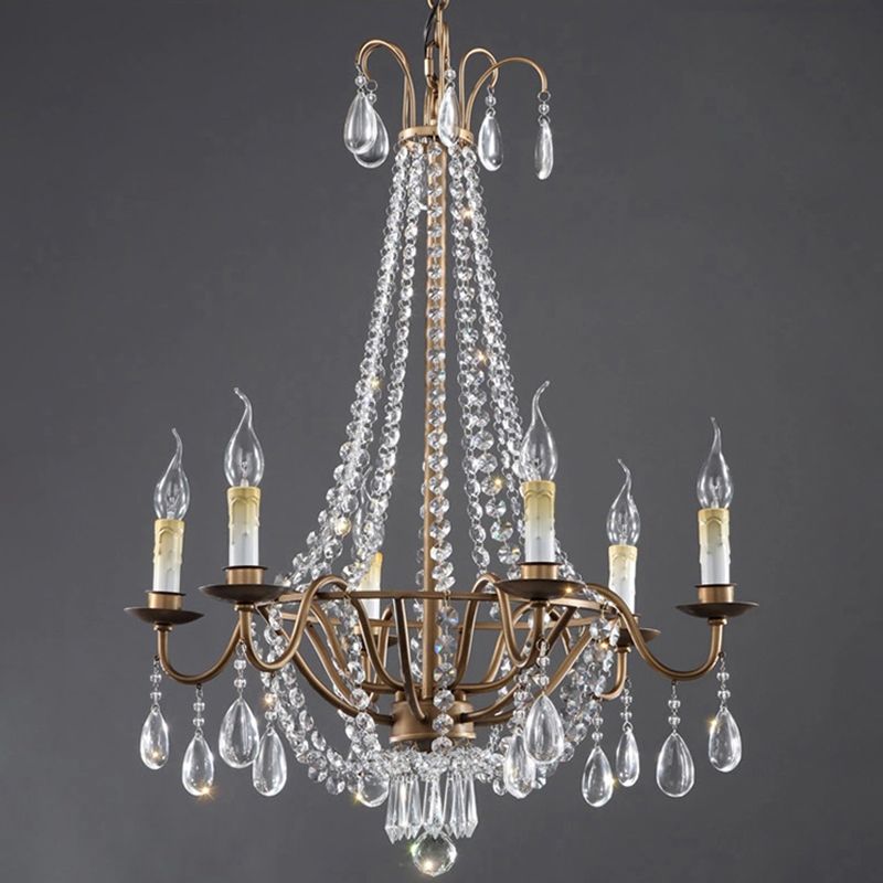 Bronze Finish Candle Chandelier Countryside Metal Living Room Ceiling Light with Crystal Drape