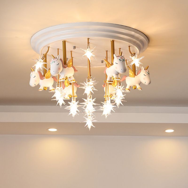 Resin Unicorn LED Semi Flush Nursery Flush Ceiling Light Fixture with Clear Glass Shade
