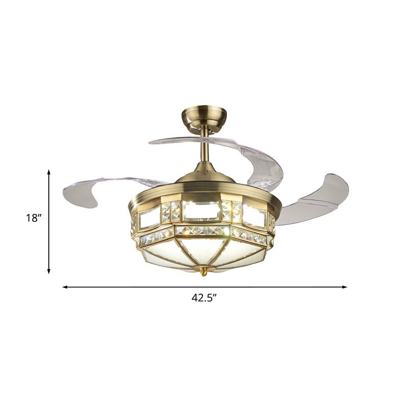 Jurte geformtes Schlafzimmer LED-Lüfter Leichtkit Traditionelle Kristall 3-Blade 42,5 "Breite Messing Halbflush Mount