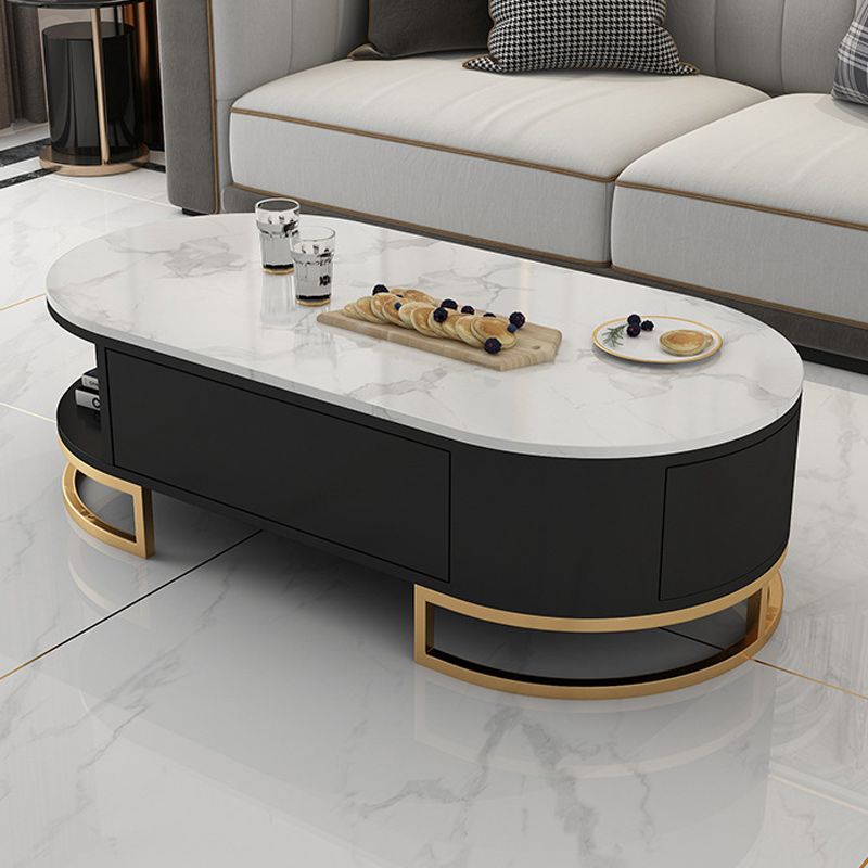White Glam Pedestal Base Coffee Table with Stone Top and Metal Base