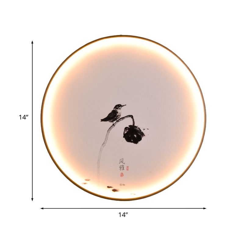 Bird and Lotus LED Mural Light Chinese Style Aluminum Dining Room Circular Flush Mount Sconce in Black