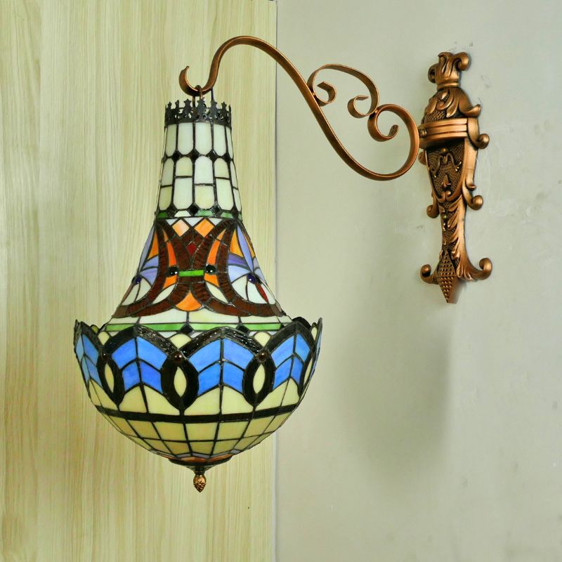3 Lights Wall Light Fixture Mediterranean Flower Stained Glass Sconce in Beige/Yellow/Orange for Living Room