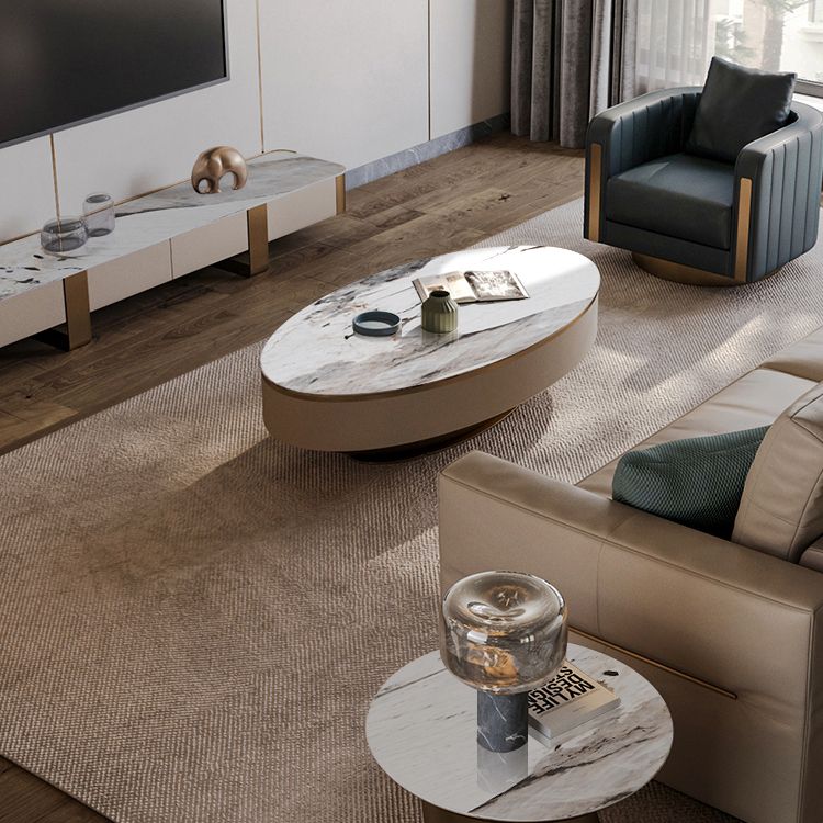 Glam Pedestal Base Coffee Table with Stone Top and Metal Base