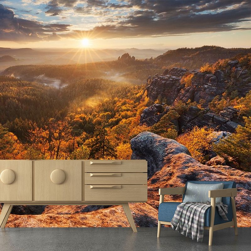 Fall Season Mountain View Mural in Brown Modern Wall Covering for Bedroom, Custom-Made