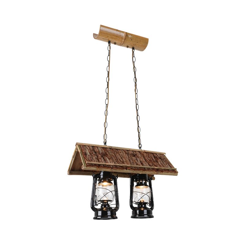 Kerosene Clear Glass Island Pendant Farmhouse 2-Light Restaurant Iron Hanging Light Fixture in Black with Wood Roof Deco