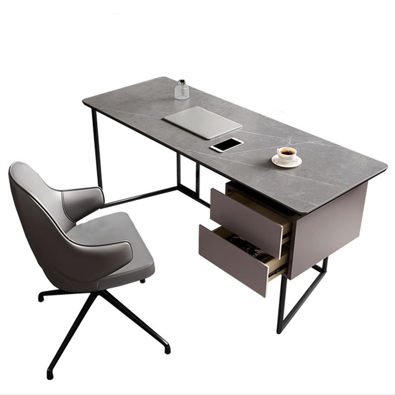 Rectangular Shaped Office Desk 2 Drawers Writing Desk in Grey