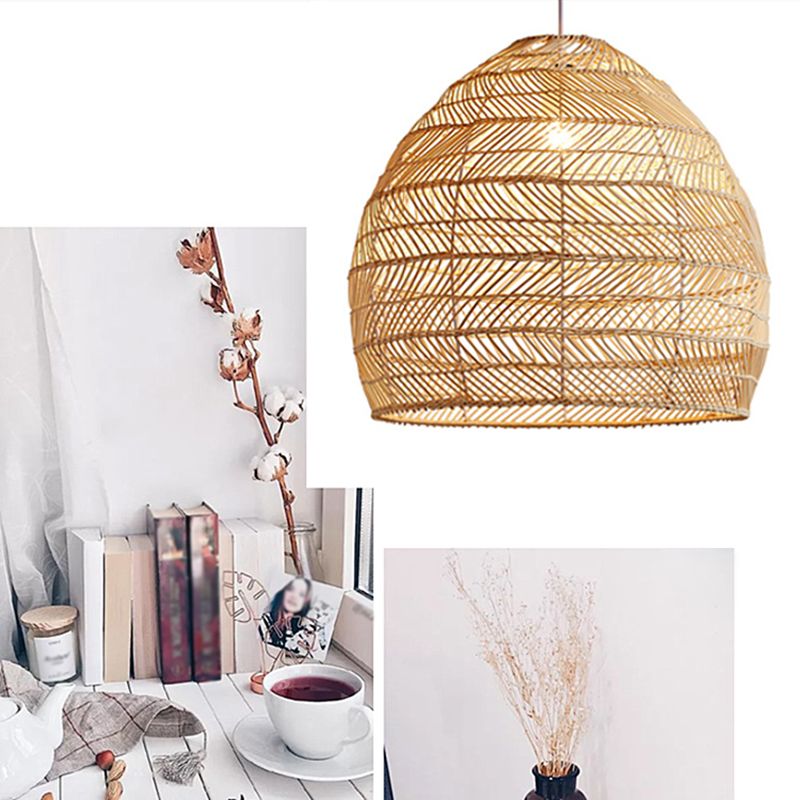 Bell Shaped Rattan Weaving Hanging Light Contemporary Style 1-Light Suspended Lamp in Beige for Dining Room